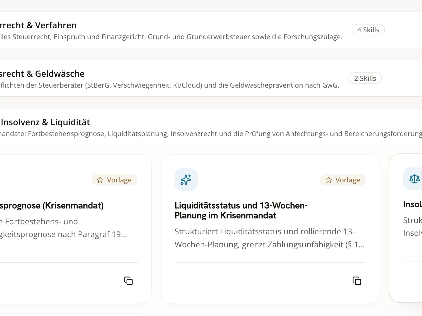 Skills-Übersicht in SOFI mit mitgelieferten Vorlagen, unter anderem Fortbestehensprognose und Insolvenzrecht im Krisenmandat