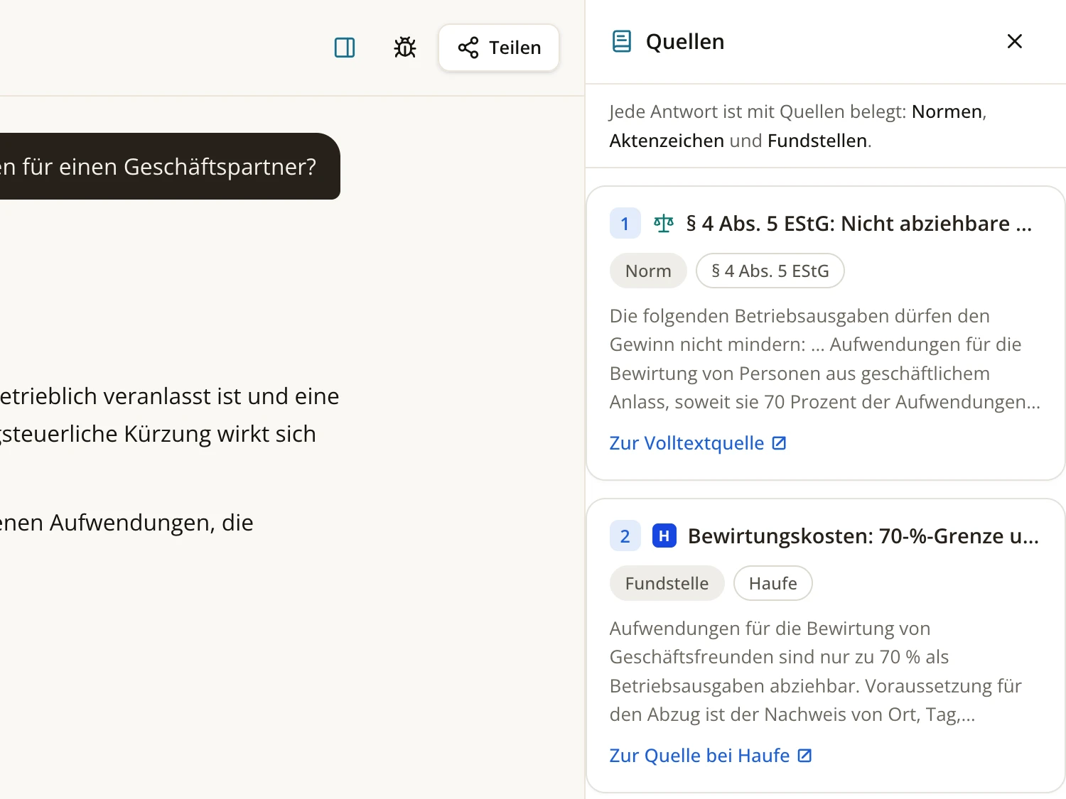 Quellen-Leiste im SOFI-Chat: Norm-Karte zu § 4 Abs. 5 EStG mit Volltext-Link und extern verlinkte Haufe-Fundstelle