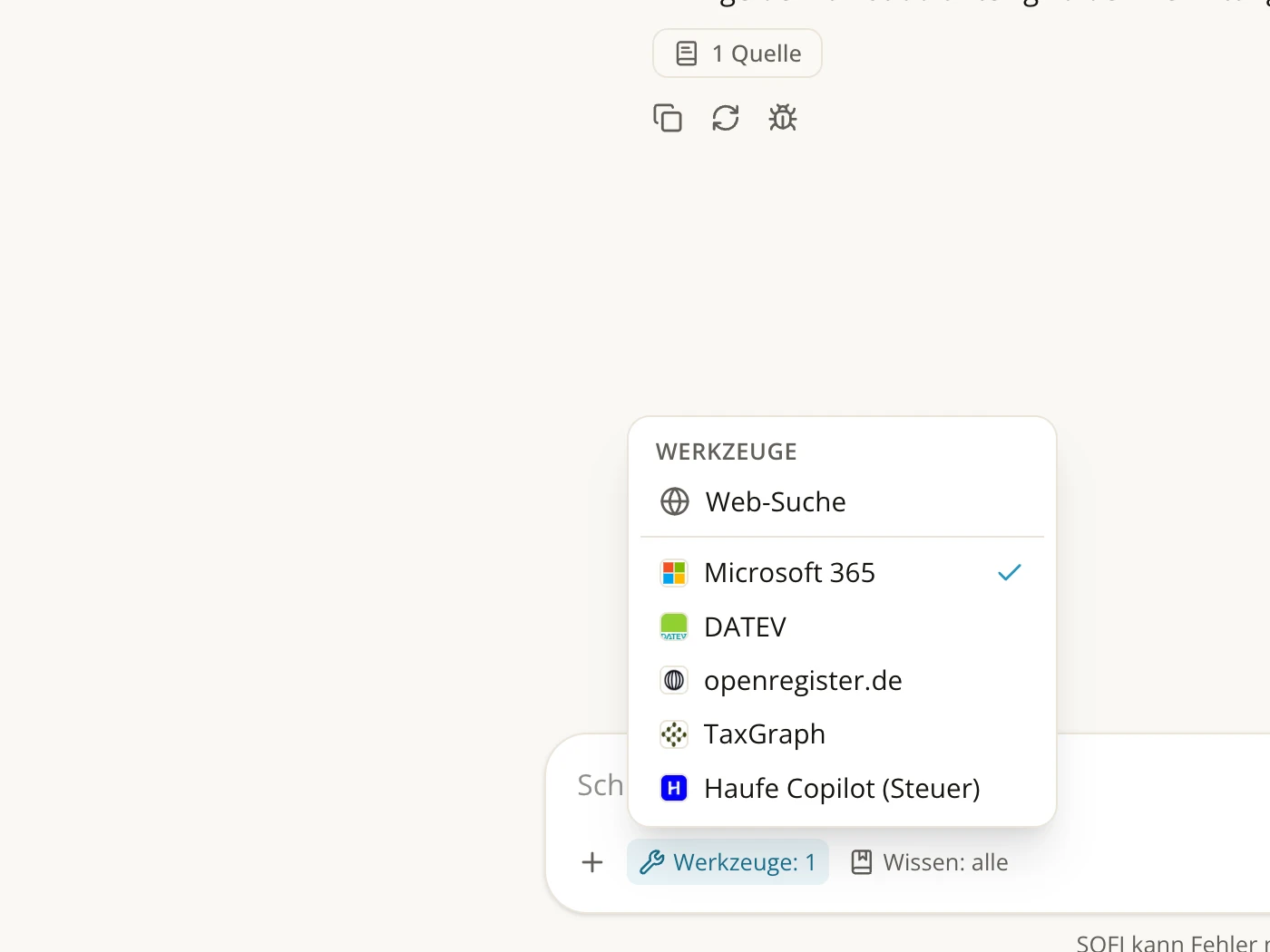 Werkzeug-Auswahl im SOFI-Chat mit Websuche, Microsoft 365, DATEV, openregister.de, TaxGraph und Haufe